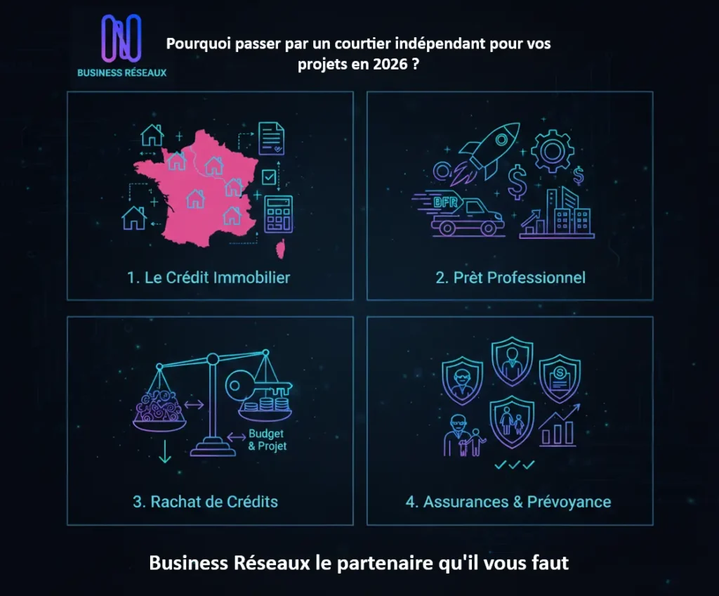 Domaines d'expertise : crédit immobilier, prêt pro, rachat de crédits et prévoyance.