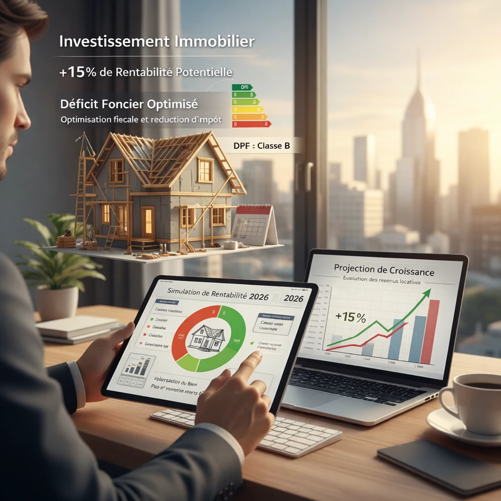 Investissement immobilier locatif 2026 rénovation énergétique passoire thermique DPE et stratégie de financement sur tablette.
